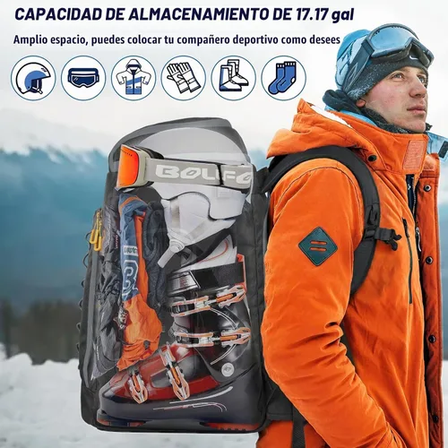 Vista 3 de Ski Boot Bag, 65L Durable Travel Backpack, 1680D Nylon Waterproof Snowboard Boot Bag, Skiing and Snowboarding Travel Luggage for Helmet, Goggles