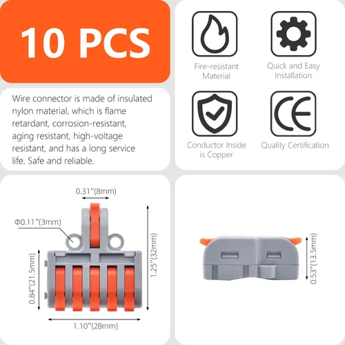 Vista 5 de 10 conectores de cable de palanca, 1 en 5 salidas DIY Mini empalme compacto conectores eléctricos de empuje rápido, 24-12 AWG