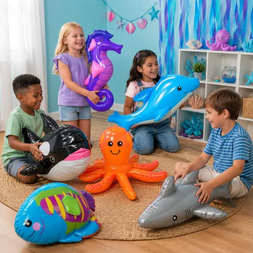 Vista 3 de Inflables bajo el mar: ballena, delfín, pulpo, tiburón, pez arcoiris, y caballitos de mar.