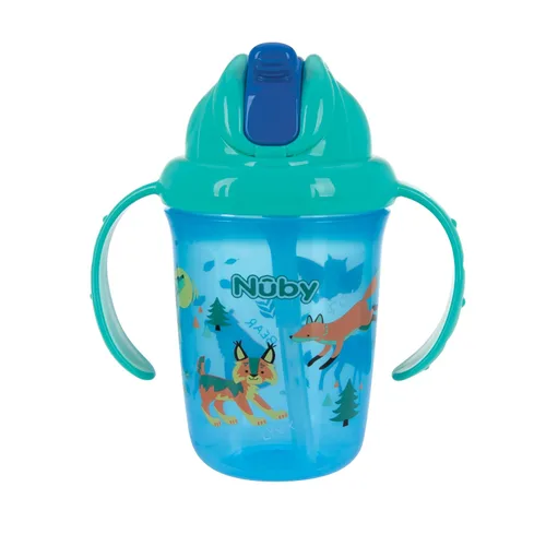 Vista 4 de Nuby Vaso de paja suave con dos asas para entrenamiento sin derrames, Flip-n Sip, paquete de 2: animales y autos azules, viajes acuáticos, animales