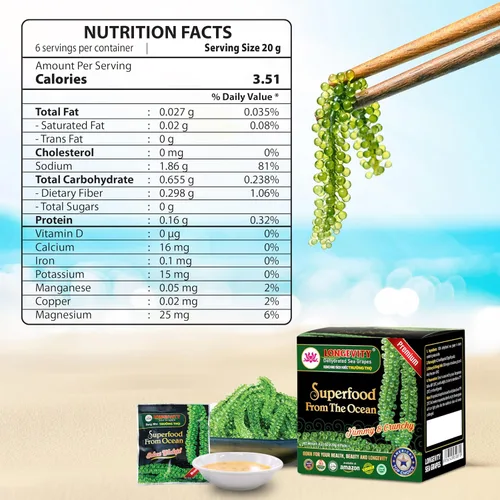 Vista 3 de LONGEVITY Uvas marinas deshidratadas, 1.4 onzas de (Paquete de 2), Caviar verde Umibudo, alga marina lato Mejora la salud, aumenta el sistema