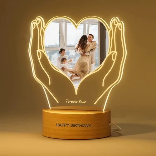 Vista 11 de Placa de acrílico con foto personalizada, regalos para aniversario, San Valentín, cumpleaños, luz nocturna LED personalizable, base de madera
