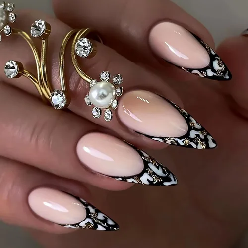Vista 11 de Uñas postizas largas a presión de almendra, uñas postizas Aurora con punta francesa, 24 unidades, naturales, brillantes, cobertura completa