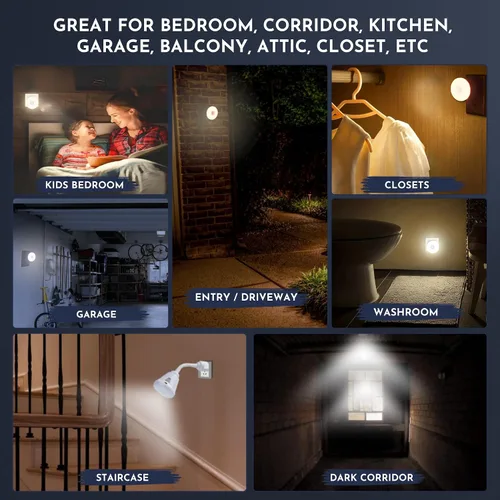 Vista 6 de Luz nocturna brillante LED con sensor de movimiento y luz, toma de corriente alterna, cuello flexible, giratorio, lámpara automática PIR