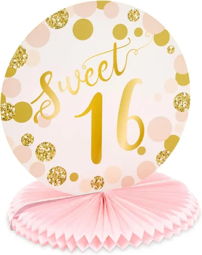 Vista 5 de Sparkle and Bash Sweet 16 - Centros de mesa de panal de abeja, paquete de 6, rosa y dorado, 9-10 pulgadas, adornos de mesa de papel reutilizables