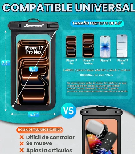 Vista 2 de Hiearcool - Funda impermeable IPX8, universal y compatible con celular iPhone 12, Pro 11, Pro Max, XS, Max, XR, X, 8, 7, Samsung Galaxy S10, S9