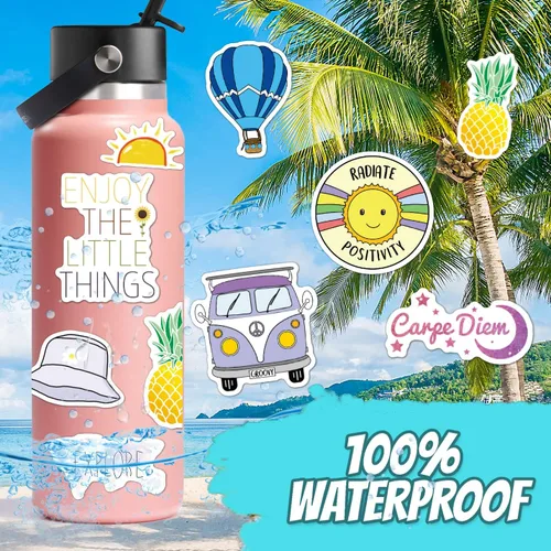 Vista 2 de 120 piezas de calcomanías Preppy, calcomanías de verano para botellas de agua para niñas, accesorio impermeable para laptop, lindas calcomanías