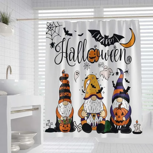 Vista 2 de Cortina de ducha de gnomos de Halloween de 72 x 78 pulgadas, cortinas de baño de tela de otoño con diseño de caricaturas, calabaza, bruja, escoba
