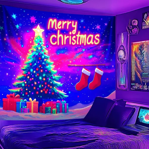 Vista 7 de NYZE - Tapiz de Navidad con Papá Noel, tapiz de luz negra que brilla en la oscuridad, colgante de pared, banner festivo, decoración para fiesta