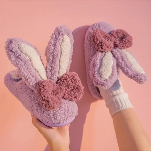 Vista 2 de Pantuflas de algodón de conejo de orejas largas para mujer, pantuflas de invierno para el hogar, pantuflas cálidas de felpa para el hogar, bonitas