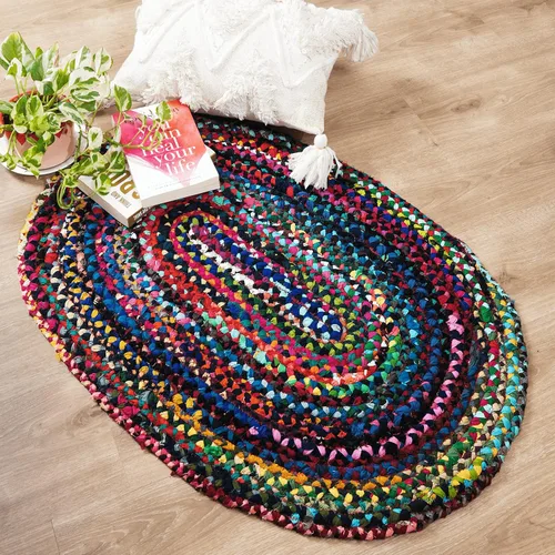 Vista 7 de RAJRANG Alfombra reversible Chindi de trapo, de algodón de 2 x 3 pies, hecha a mano, trenzada, multicolor, alfombra bohemia