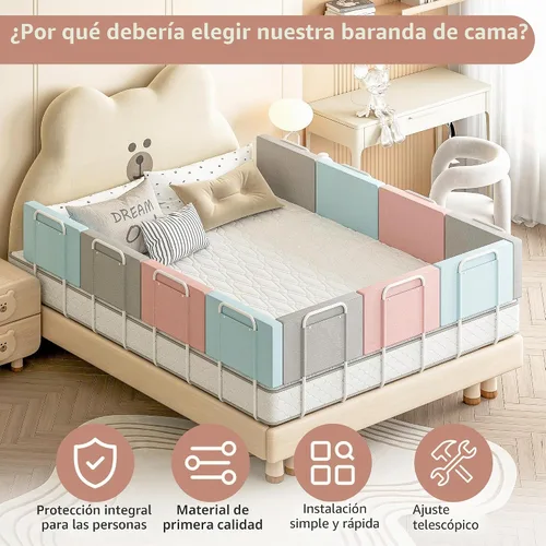 Vista 2 de Protectores de riel de cama para niños pequeños, rieles de cama ajustables con seguridad, rieles laterales de cama para cama individual Gris