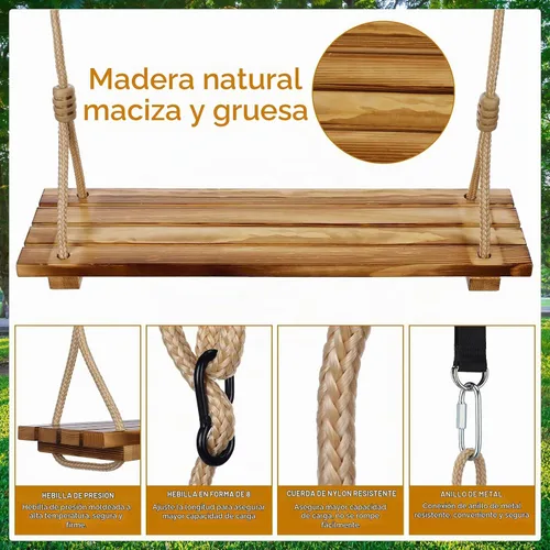Vista 3 de Hollowfly 2 Piezas Asiento de Columpio de Madera Carbonizada Colgante Columpio de Árbol de Madera con Cuerda Ajustable Anticorrosivo Impermeable