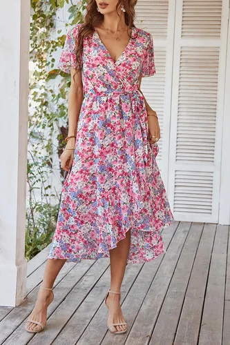 Vista 7 de PRETTYGARDEN - Vestido floral para mujer estilo bohemio, cruzado, con cuello en V, manga corta, con cinturón, dobladillo con volantes, acampanado