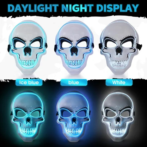 Vista 4 de [Usado] Liliful 3 máscaras de Halloween con luces LED de calavera aterradora con alambre electroluminiscente, 3 modos intermitentes, accesorios