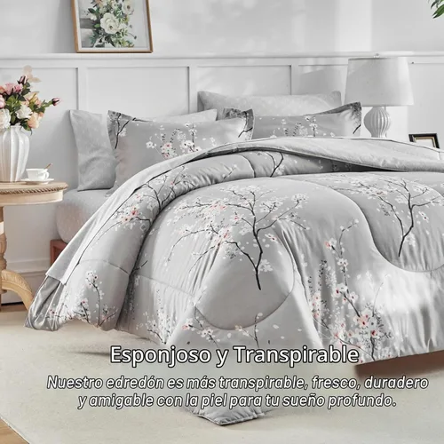 Vista 4 de AIKASY - Juego de 7 piezas de edredón reversible de microfibra suave, juego de cama en una bolsa, tamaño Queen - Estampado floral