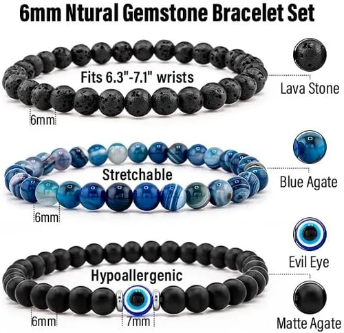 Vista 3 de Pulsera contra el mal de ojo de 0.236 pulgadas, pulseras de cuentas ajustables elásticas naturales