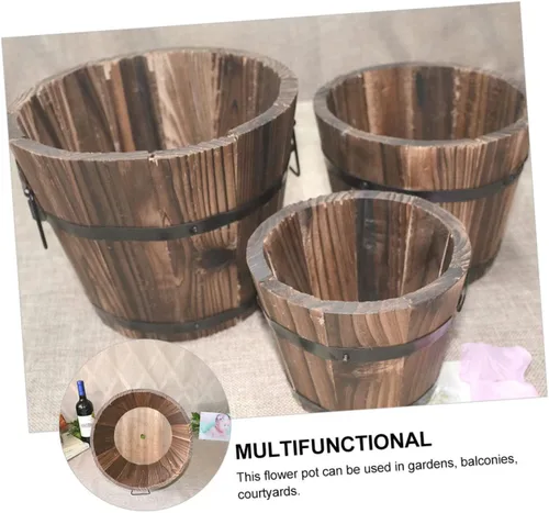 Vista 7 de Maceta de madera para suculentas, 3 piezas, macetero grande para suculentas, para exteriores, macetas redondas rústicas, macetas de madera rústicas
