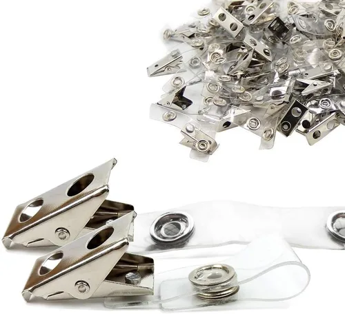 Vista 7 de DE 100 clips de metal para insignias con correas transparentes de PCV, adaptador de clip para correa de identificación, clips de identificación