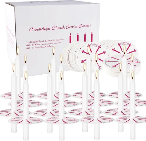 Vista 15 de 100 velas de iglesia con protectores de goteo para servicio devocional de vigilia a la luz de las velas, caja de 100 velas, blancas sin aroma de 5
