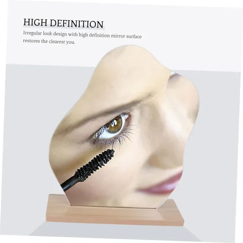 Vista 5 de Espejo de maquillaje de escritorio irregular con soporte, espejo de tocador plateado estético para mujer, diseño compacto con función de aumento