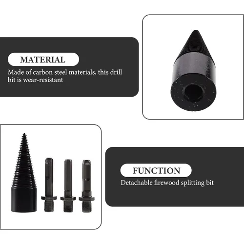 Vista 3 de 4pcs Wood Log Splitter Drill Bit Set with 3 Detachable Handles (Round, Square, Hex) 32mm Carbon Steel Firewood Splitting Tool for Electric Hammer