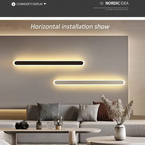 Vista 2 de Paquete de 2 luces LED de pared modernas de 47 pulgadas de largo, 24 W, blanco cálido, 110 V, lámpara de pared rectangular negra, elegante acrílico