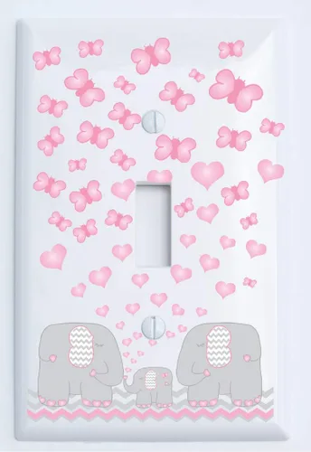 Vista 6 de Placa de interruptor de luz de elefante rosa y cubiertas de salida GFCI para decoración de guardería con corazones y mariposas de cheurones grises