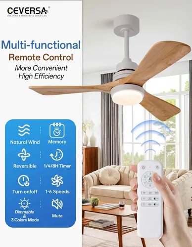 Vista 4 de Ventilador de techo de madera natural de 42 pulgadas con luces y control remoto, ventilador de 3 aspas para exteriores/interiores para patio y sala