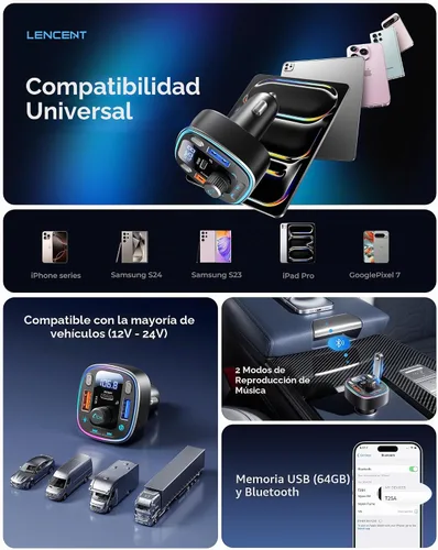 Vista 6 de LENCENT Adaptador de coche Bluetooth 5.4 Transmisor FM 54W Carga rápida