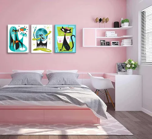 Vista 5 de 3 piezas de arte de pared enmarcado de gatos atómicos, conjunto de pinturas abstractas de futurismo retro de mediados de siglo, azul verde naranja