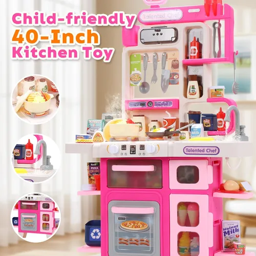 Vista 7 de CUTE STONE Juego de cocina para niños, juego de cocina con sonido y luz, estufa de cocina con vapor, fregadero de juguete, juguete de comida