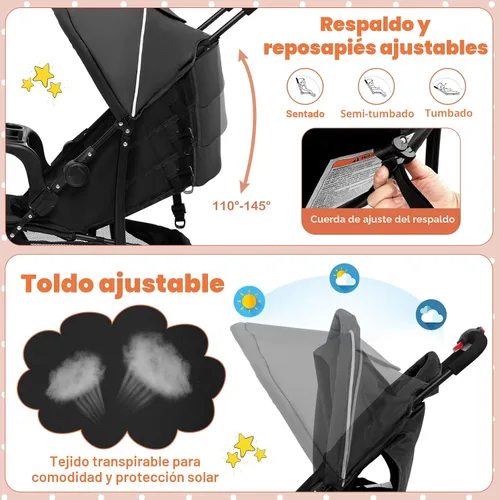 Vista 5 de HONEY JOY Cochecito de viaje, cochecito paraguas de bebé ligero de plegado rápido para avión, toldo y respaldo ajustables, canasta de Negro
