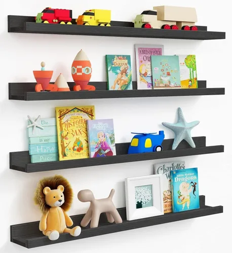 Vista 22 de Forbena Estante de repisa negra para fotos, estantes flotantes con borde para pared, estantes de pared pequeños para baño, dormitorio, cocina