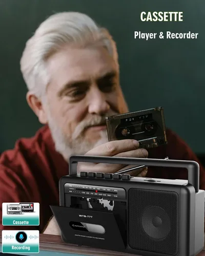 Vista 3 de WTB-777 Reproductor de casete portátil Boombox, radio AM/FM estéreo con Bluetooth, USB, grabador, conector para auriculares, alimentación CC/CA