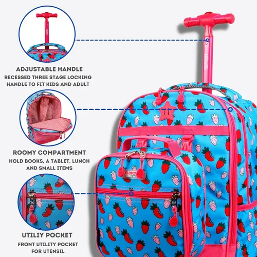 Vista 3 de J World New York Mochila con ruedas Duo para niños con juego de lonchera, Strawberry, talla única , Duo Kids - Mochila con ruedas y lonchera