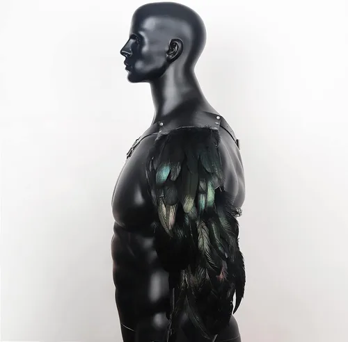 Vista 5 de L'VOW Disfraz de guardias de plumas punk para hombre, ajustable, gótico, de piel sintética, armadura de hombro, vikingo, cosplay para Halloween