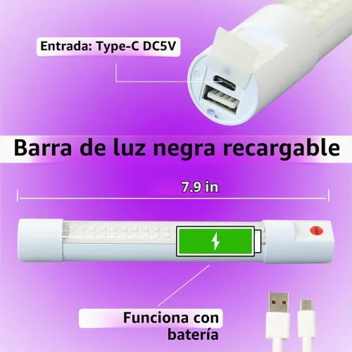 Vista 3 de Batería recargable de luz negra - Pequeña barra de luz negra portátil 395nm