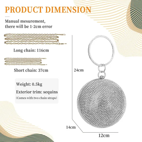 Vista 3 de Bolso de mano redondo de cristal para mujer, bolso de noche con diamantes de imitación, lentejuelas brillantes, bolso de hombro con purpurina, bolso