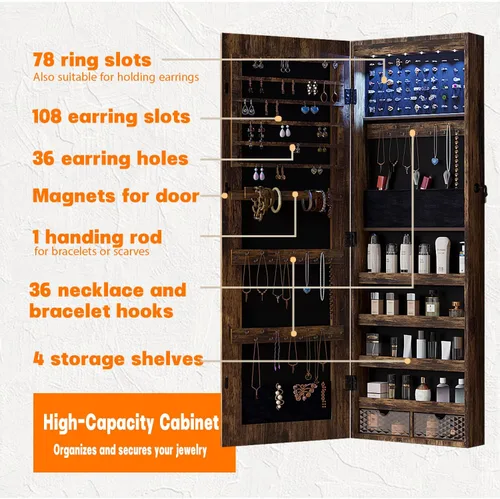 Vista 2 de Lvifur - Armario de joyería con 6 luces LED armario para las joyas montado en la pared o en la puerta con un espejo de longitud completa organizador
