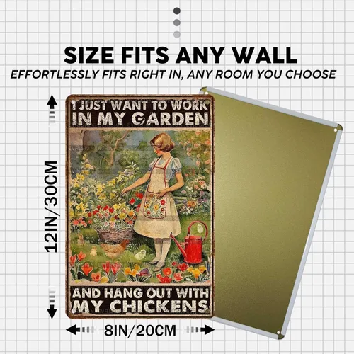 Vista 2 de Letreros vintage de lata de pollo para Coop Retro Garden Letrero de metal Granja Jardinería Girl Poster I Just Want To Work In My Garden And Hang