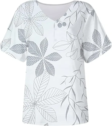 Vista 3 de Short Sleeve Button Top for Women Trendy Print Slim Fitted Tees Shirt Short Sleeve Basic V Neck Going Out Tops