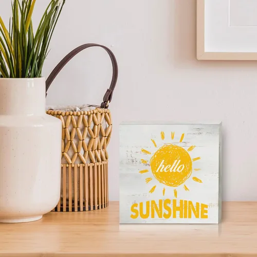 Vista 5 de Letrero de madera con texto en inglés "Farmhouse Hello Sunshine", decoración del hogar, caja de madera rústica de primavera, placa de bloque