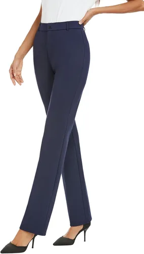 Vista 5 de Pantalones de trabajo elásticos de pierna recta para mujer, pantalones de trabajo, negocios, oficina, pantalones casuales con bolsillos