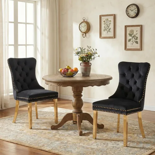 Vista 49 de SoarFlash Juego de 2 sillas de comedor de terciopelo, silla lateral de respaldo alto, silla lateral moderna tapizada de alta gama con botones Beige