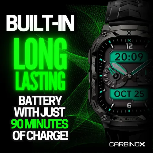 Vista 3 de CARBINOX Vortex - Reloj inteligente con cargador, resistente rastreador de fitness IP69K resistente al agua, compatible con teléfonos Android e iOS