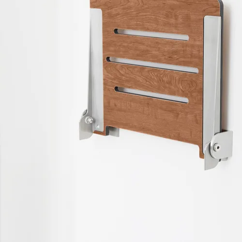Vista 7 de Seachrome Asiento de ducha plegable Silhouette Slimline de 18 pulgadas, para montaje en pared, asiento rústico de teca con marco plateado