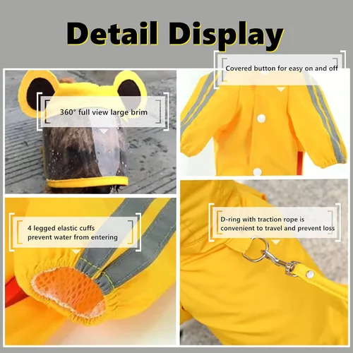 Vista 2 de Impermeable para perros, chaqueta impermeable para perros con rayas reflectantes de seguridad, poncho con capucha y correa para perros y cachorros