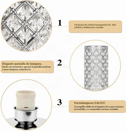 Vista 5 de Lámpara de mesa de cristal, lámpara de mesita de noche regulable