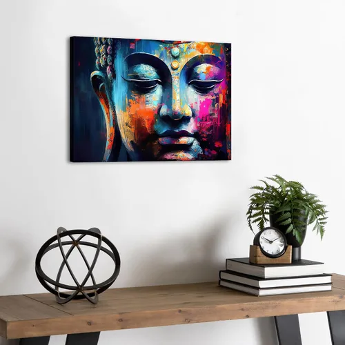 Vista 4 de Arte de pared abstracto de Buda para sala de estar, textura de mármol colorida, lienzo de Buda, decoración Zen de pared en rosa y azul, obras